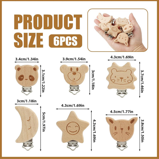 LEIBOCHAO 6 Stück Schnullerkette Holz Tierdesign mit Naturholz & Metall, Schnullerclip Holz für Schnullerkette, Babywagen, Kleidung – DIY Bastelset, Umweltfreundliches Babygeschenk (3-5 cm)