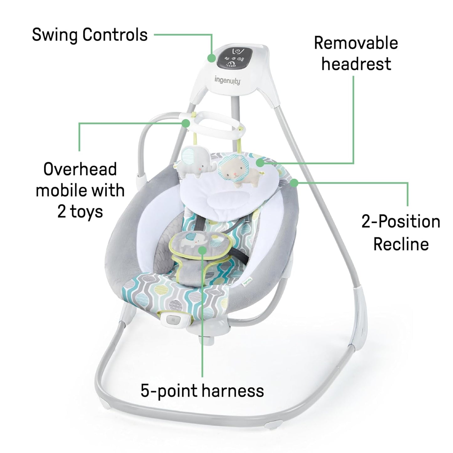 Ingenuity, Everston Babyschaukel, 180° drehbar, 3 Schaukelrichtungen und 6 -geschwindigkeiten, spielt 8 Melodien und weißes Rauschen, ab der geburt bis 9kg