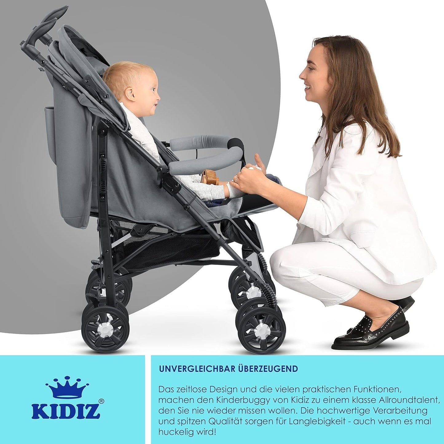 KIDIZ® City-Pro Pushchair Folding Pushchair Pushchair Sports Pushchair Foldable 360° 6 Inch Wheels Includes Mosquito Net, Footmuff and Rain Cover Foldable Sleep Function Blue 