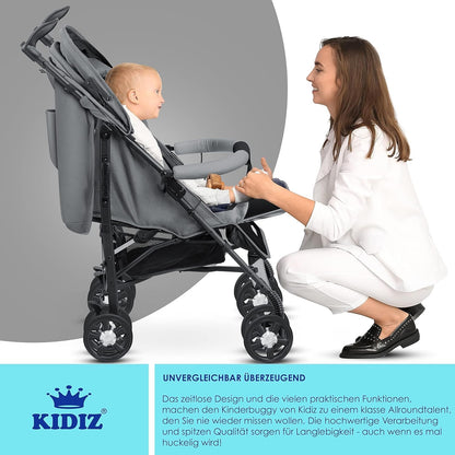 KIDIZ® City-Pro Pushchair Folding Pushchair Pushchair Sports Pushchair Foldable 360° 6 Inch Wheels Includes Mosquito Net, Footmuff and Rain Cover Foldable Sleep Function Blue 