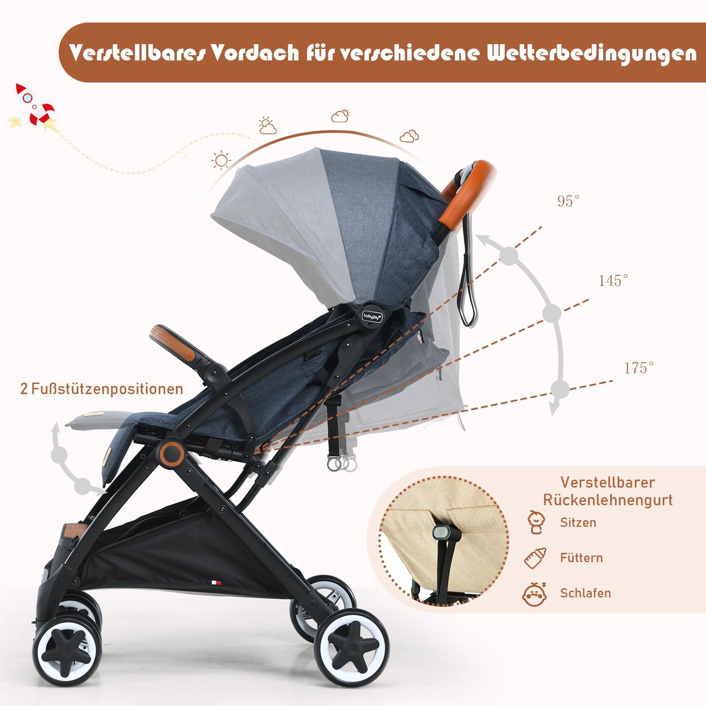 DREAMADE Children's Buggy Foldable with Reclining Function, Pram for Baby 0-3 Years, Foldable Buggy with 5-Point Safety Belt & Storage Basket & Brake (Grey)
