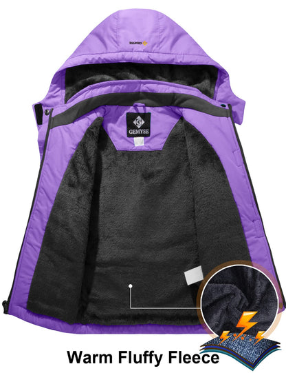 GEMYSE Girls' Waterproof Ski Jacket Windproof Fleece Outdoor Winter Jacket Rain Jacket with Hood