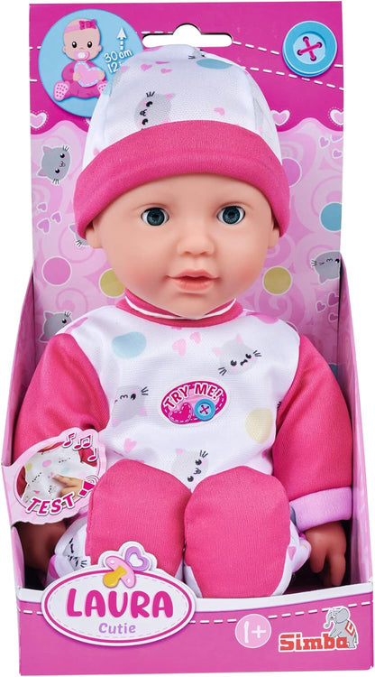 Simba 105140004 - Laura Cutie, Weichkörperpuppe mit Schlafaugen im süßen Kätzchenstrampler, 5 Sounds, 30cm, ab 12 Monaten
