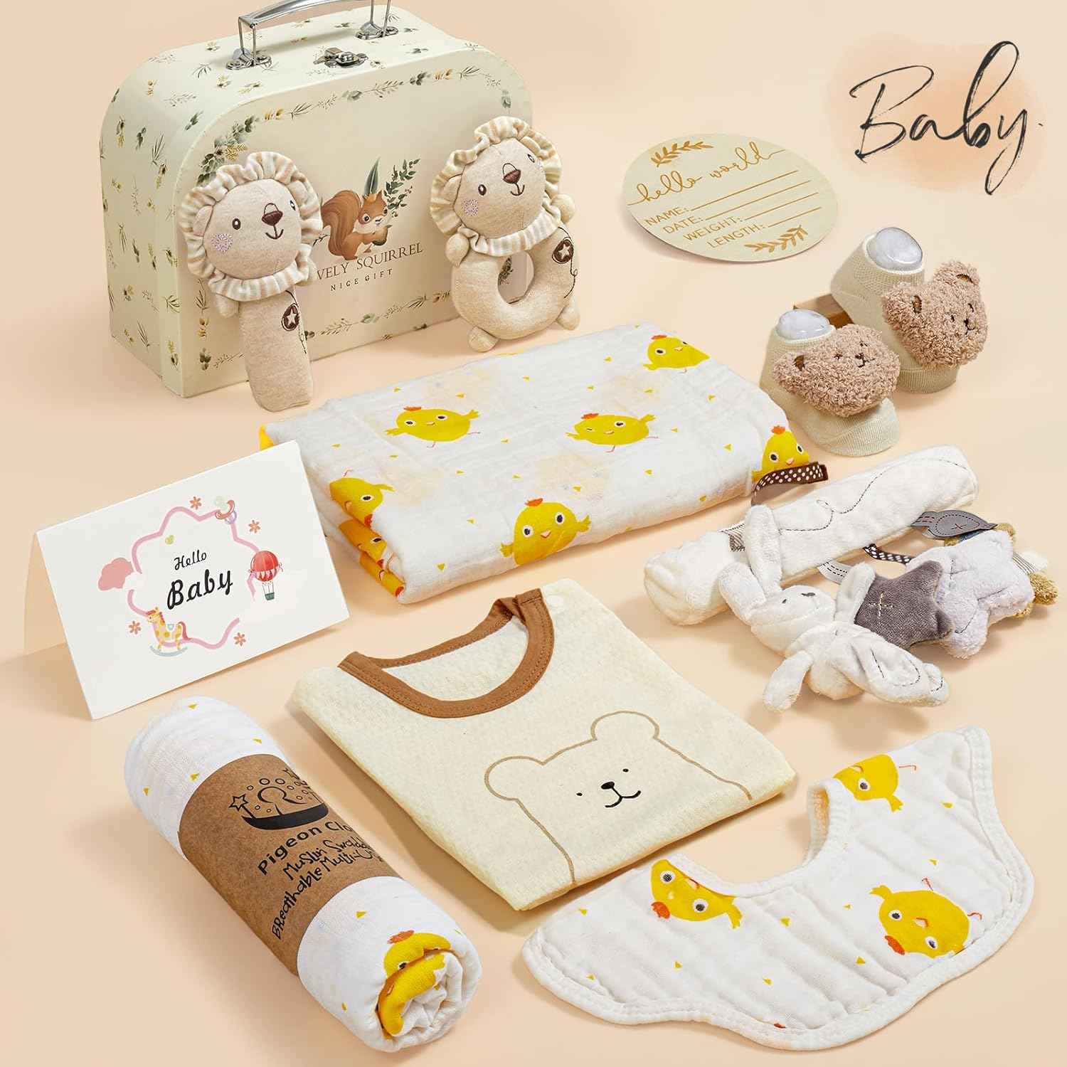 vamei Baby Gift Boys, Newborn Gift Baby Gifts for Birth Boy Girl with Baby Romper Bath Towels Bib Socks Rattle Memory Box Greeting Cards Baby Shower Party