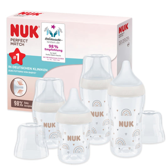 NUK Perfect Match Baby Bottle Set | From 3 Months | Adapts to Baby | Temperature Control | Anti-Colic | 150 ml and 260 ml | BPA Free | Silicone Teat | Rainbow | Pack of 4 - Meloni2