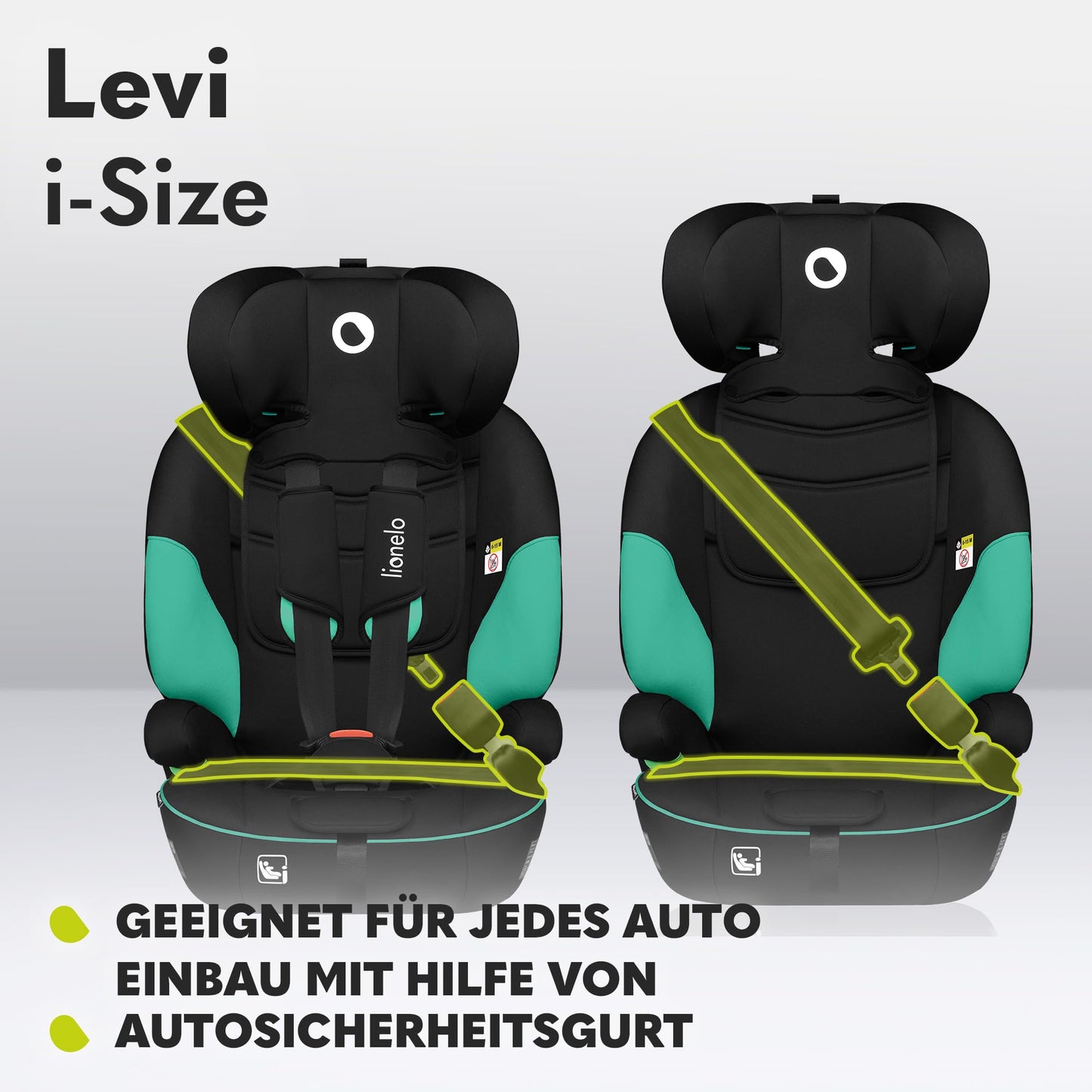 LIONELO LEVI I-SIZE 76-150 cm Kinderautositz, Gruppe 1 2 3, Seitenschutz, 10 Grad Kopfstützenverstellung Bequeme Armlehnen Verstellbare Rückenlehne, R129 i-Size