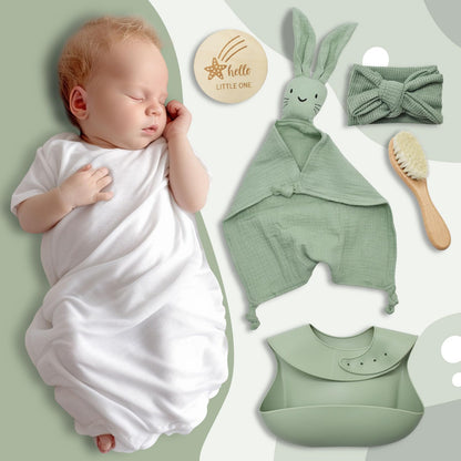 YTACREA Schmusetuch Baby, Baby Geschenk Mädchen Junge Personalisierte Geschenk Neugeborenen mit Schmusetuch, Lätzchen, Turban, Meilensteinkarten, Bürsten und Socken, Khaki