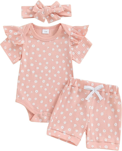 3tlg Baby Mädchen Sommer Kleidung Set Rüschen Kurzarm Strampler + Rüschen Shorts + Stirnband Babyset Weiche Neugeborene Ausgehen Outfit