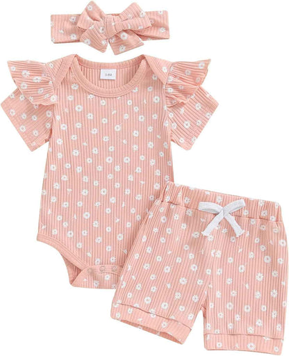 Beauace 3-Piece Baby Girls' Summer Clothing Set Ruffle Short Sleeve Romper + Ruffle Shorts + Headband Baby Set Soft Newborn Going Out Outfit