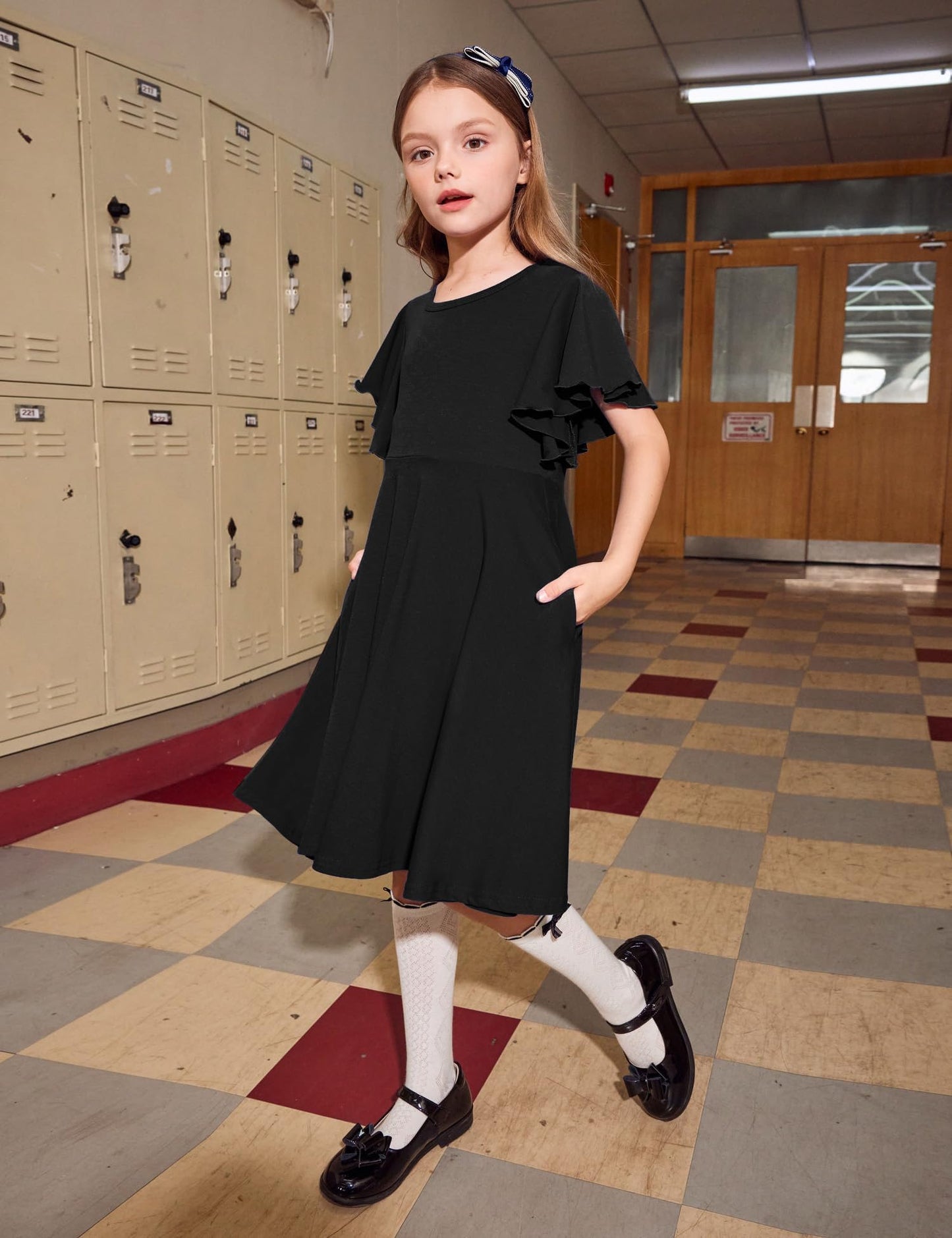 Arshiner Kleider für Mädchen Schmetterlingsärmel Kleid Kinder A-Line Swing Kleid Rundhals Sommerkleid Baumwollekleid Festlich Partykleid Hochzeit Lässige Kinderkleidung mit Tasche