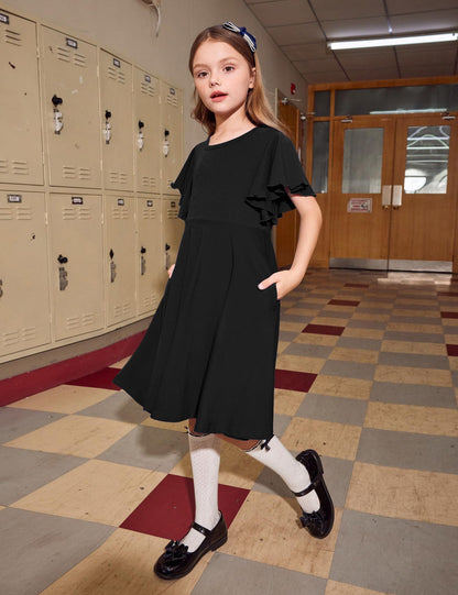 Arshiner Kleider für Mädchen Schmetterlingsärmel Kleid Kinder A-Line Swing Kleid Rundhals Sommerkleid Baumwollekleid Festlich Partykleid Hochzeit Lässige Kinderkleidung mit Tasche