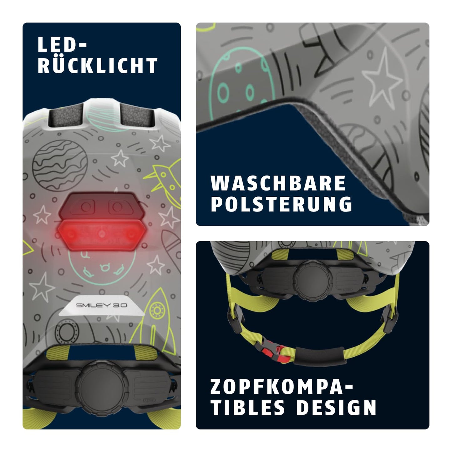 ABUS Kinderhelm Smiley 3.0 LED - Fahrradhelm mit Licht - Tiefe Passform & Platz für einen Zopf - für Mädchen und Jungs