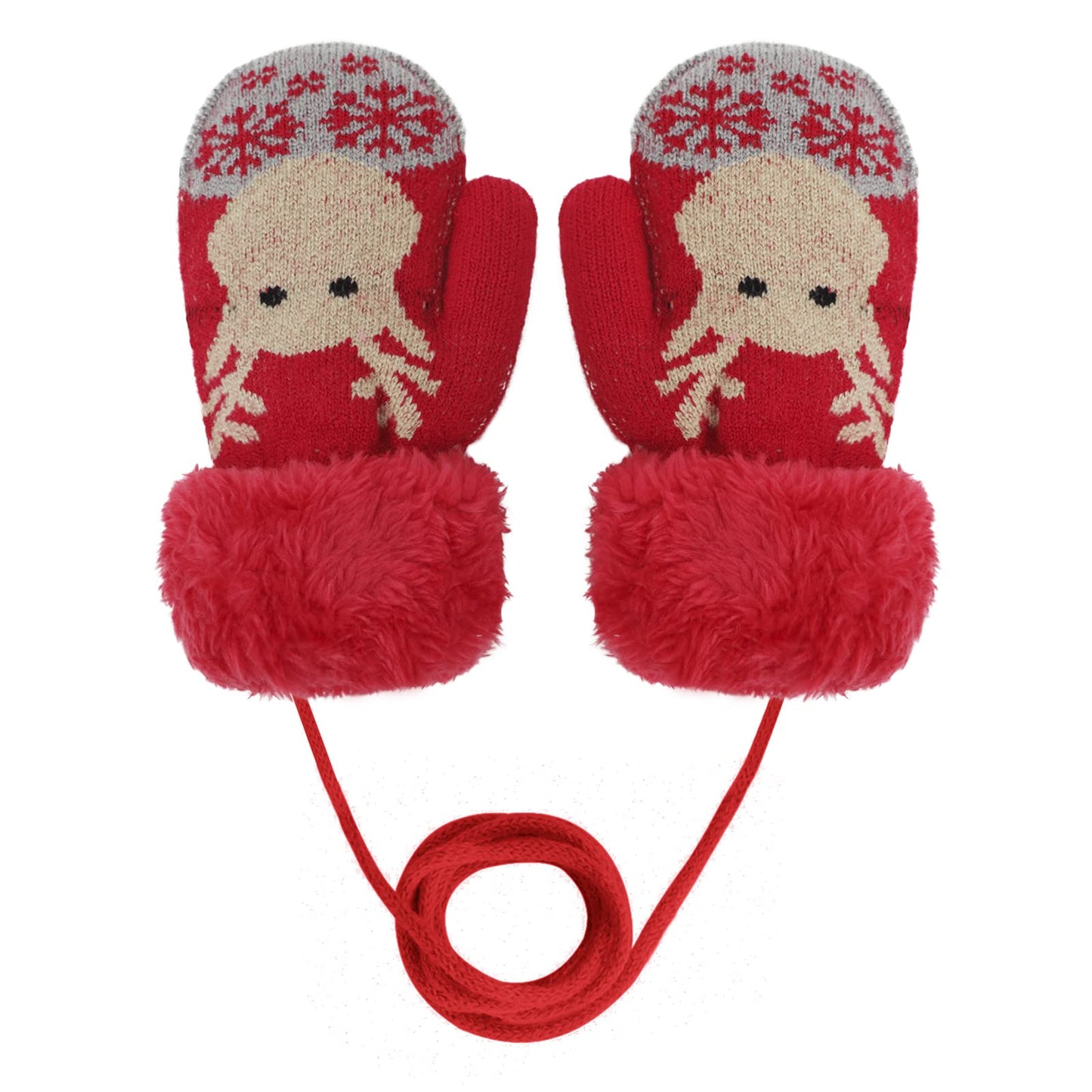 Kids Winter Gloves Mittens Baby Cartoon Mitten Neck Gloves Thick Double Knitted Glove with Plush,0 - 3 years old, Playing, Running, Skiing