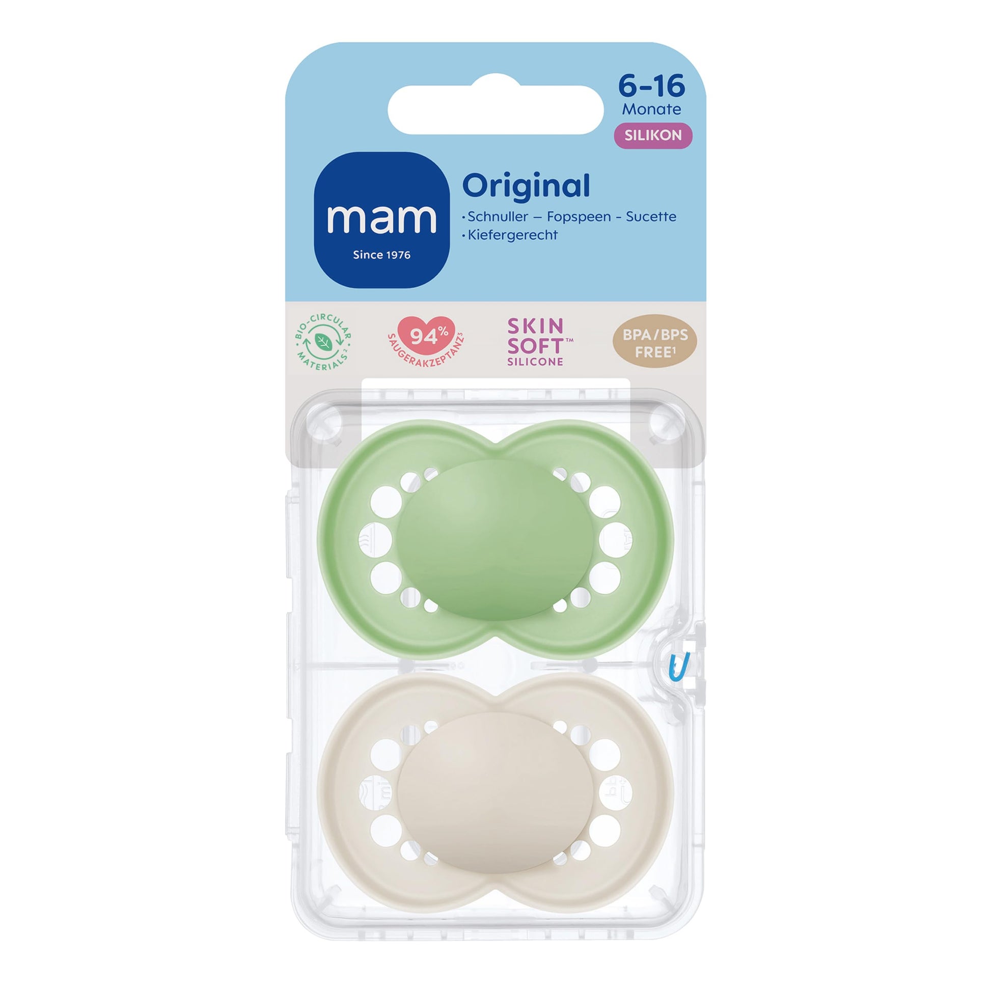 MAM Original Schnuller im 2er-Set, zahnfreundlicher Baby Schnuller aus nachhaltigen & bio-erneuerbaren Materialien, Sauger aus MAM SkinSoft Silikon, mit Schnullerbox, 0-6 Monate, Hase/Reh - Meloni2
