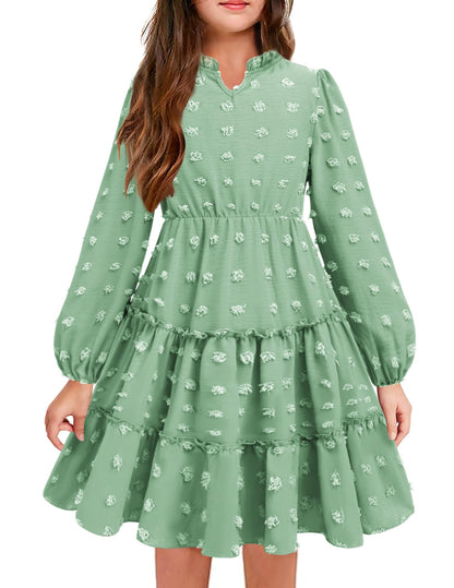 Arshiner Dress Girls Festive Flounce V-Neck Long Sleeve Dress Swiss Dot Chiffon Dress Children Tiered Dress A-Line Party Dress Wedding Princess Dress Swing Skater Dress 5-12 Years 