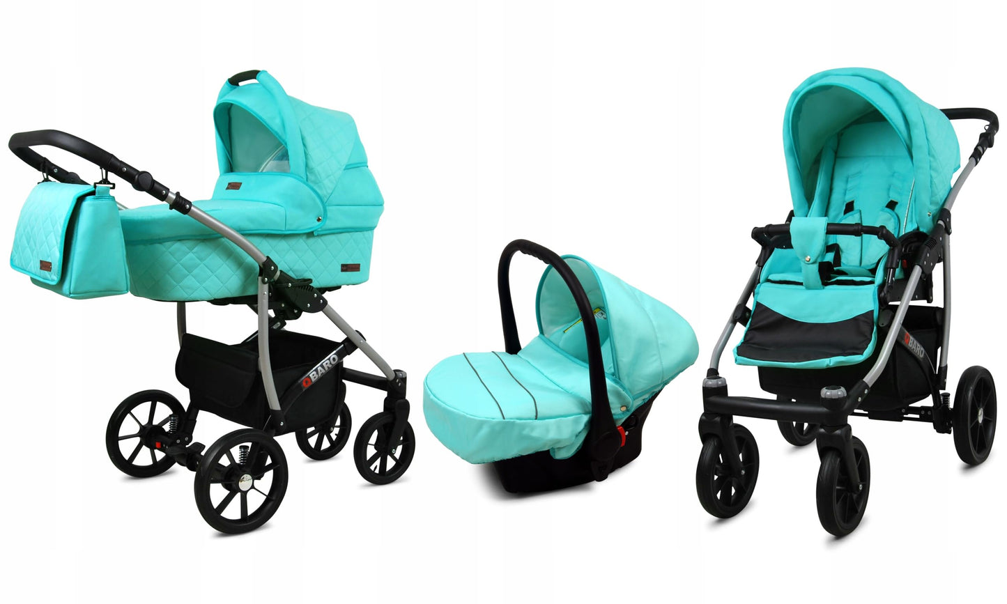 BabyLux® Bambimo Qbaro 3-in-1 Pushchair Set Including Baby Carrycot, Buggy Sports Seat, Car Seat - Car Seat - Pram Set - Combination Pram with Changing Bag, Rain Cover etc. 