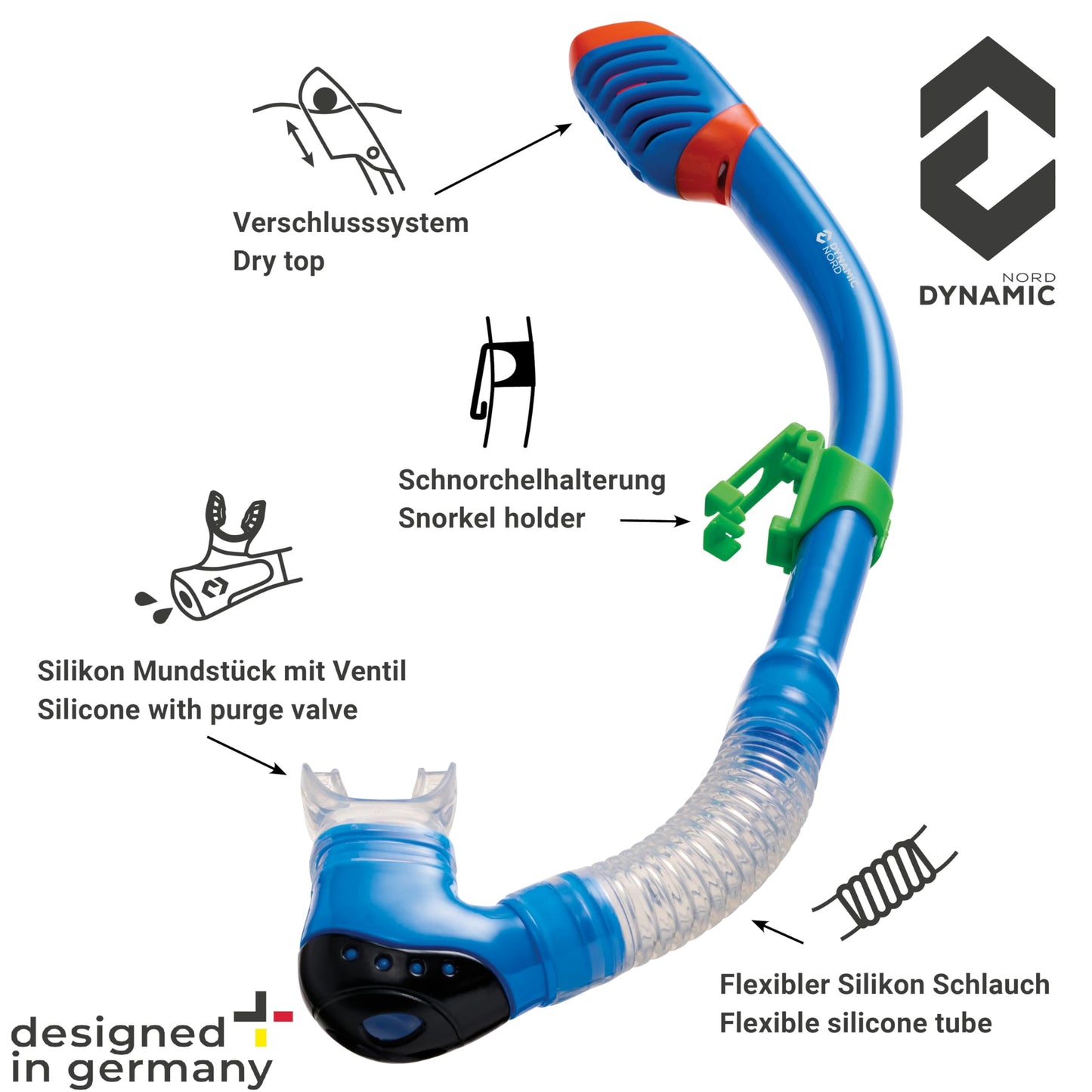 DYNAMICNORD - Kinder Schnorchelset – Designed in Germany – Profi Silikon 2er Set Tauchset Schnorchelset für Kinder (Taucherbrille, Trocken Schnorchel & Netztasche) mit Dry Schnorchel & Sicherheitsglas