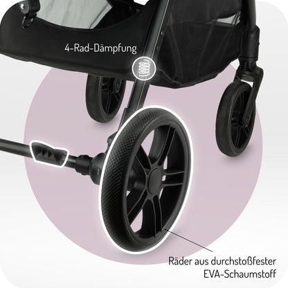 MoMi Kinderbuggy CLARA, Kinderwagen ab dem 6. Lebensmonat, bis 22 kg Körpergewicht, 5-Punkt-Sicherheitsgurt, Fußsack, Getränkehalter, Einkaufskorb, Wickeltasche, Insekten- und Regenschutz