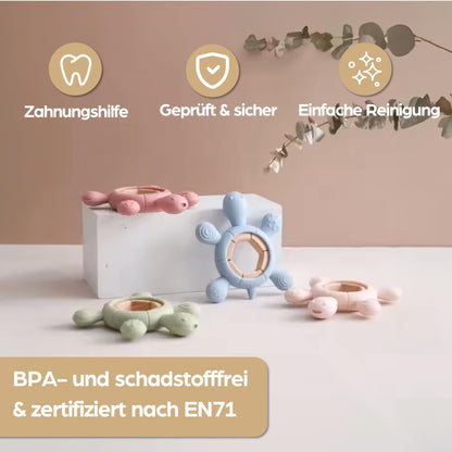 Schildkröte Beißring für Baby Natur Holz & Silikon Blau - Kauspielzeug, Zahnen-Hilfe & Greifling - Babyspielzeug Beissring Geschenk zur Geburt - Holz-Spielzeug nachhaltig, BPA-frei schadstofffrei