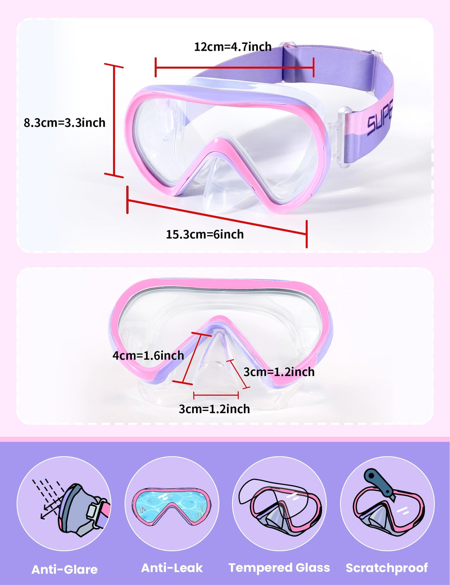 Supertrip Taucherbrille Kinder mit Stoffband,Schwimmbrille Kinder fur Mädchen Jugen,Gehärtetes Glas Schnorchelmaske Kinder mit Nase,180°Panorama Tauchmaske Schwimmmaske Kinder Anti-Leck fur 6-14 Jahre