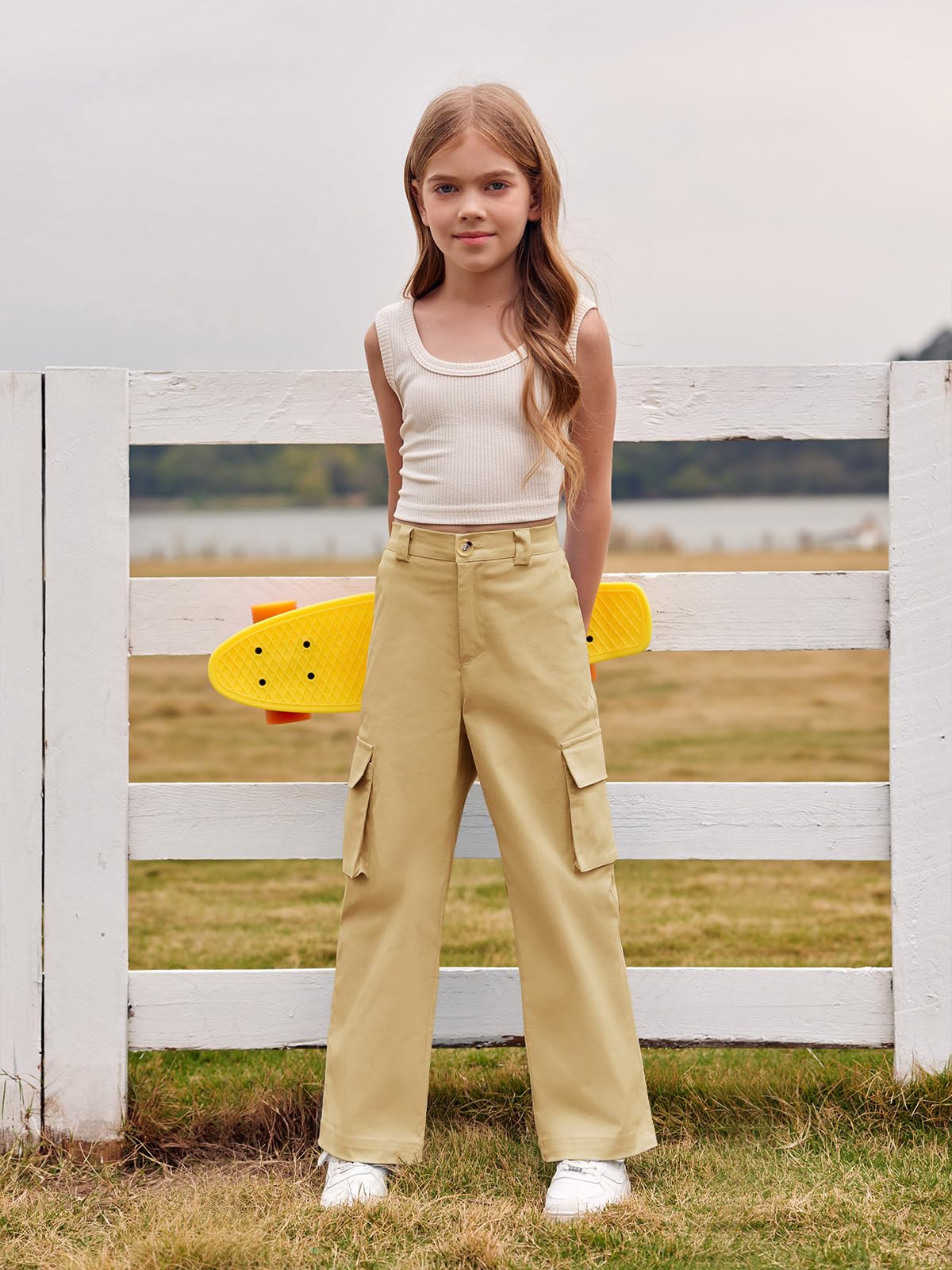 Haloumoning Mädchen Cargohose Baumwoll Y2K Baggy Cargo Hose Kinder Straight Leg Hohe Taille Jogginghose Casual Outdoorhose mit Elastische Taille und Taschen