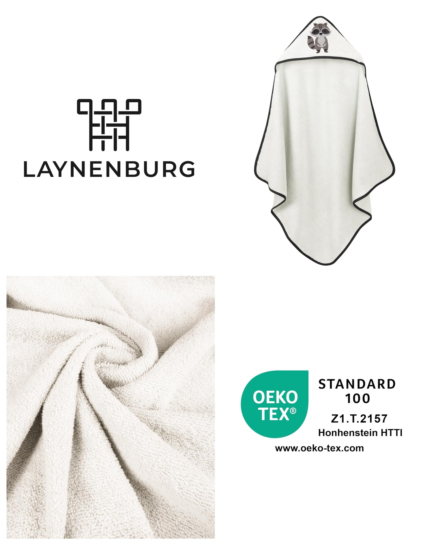 LAYNENBURG Premium Kapuzenhandtuch Baby - Badehandtuch aus 100% Baumwolle - Oeko TEX - Handtuch mit Kapuze für Neugeborene & Kinder - Badetuch, Babyhandtuch Mädchen, Jungen (Waschbär 80 x 80cm)