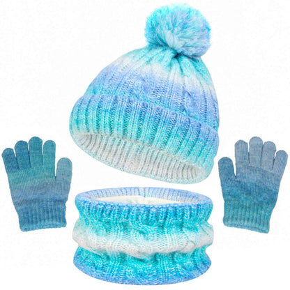 Children's Hat Scarf Gloves Set - 3-in-1 Winter Knitted Hat Scarf and Gloves Set for Children with Pom Pom Beanie, Neck Warmer & Mittens for Boys Girls Age 3-10 Years