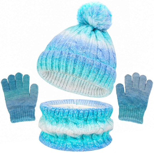 Children's Hat Scarf Gloves Set - 3-in-1 Winter Knitted Hat Scarf and Gloves Set for Children with Pom Pom Beanie, Neck Warmer & Mittens for Boys Girls Age 3-10 Years