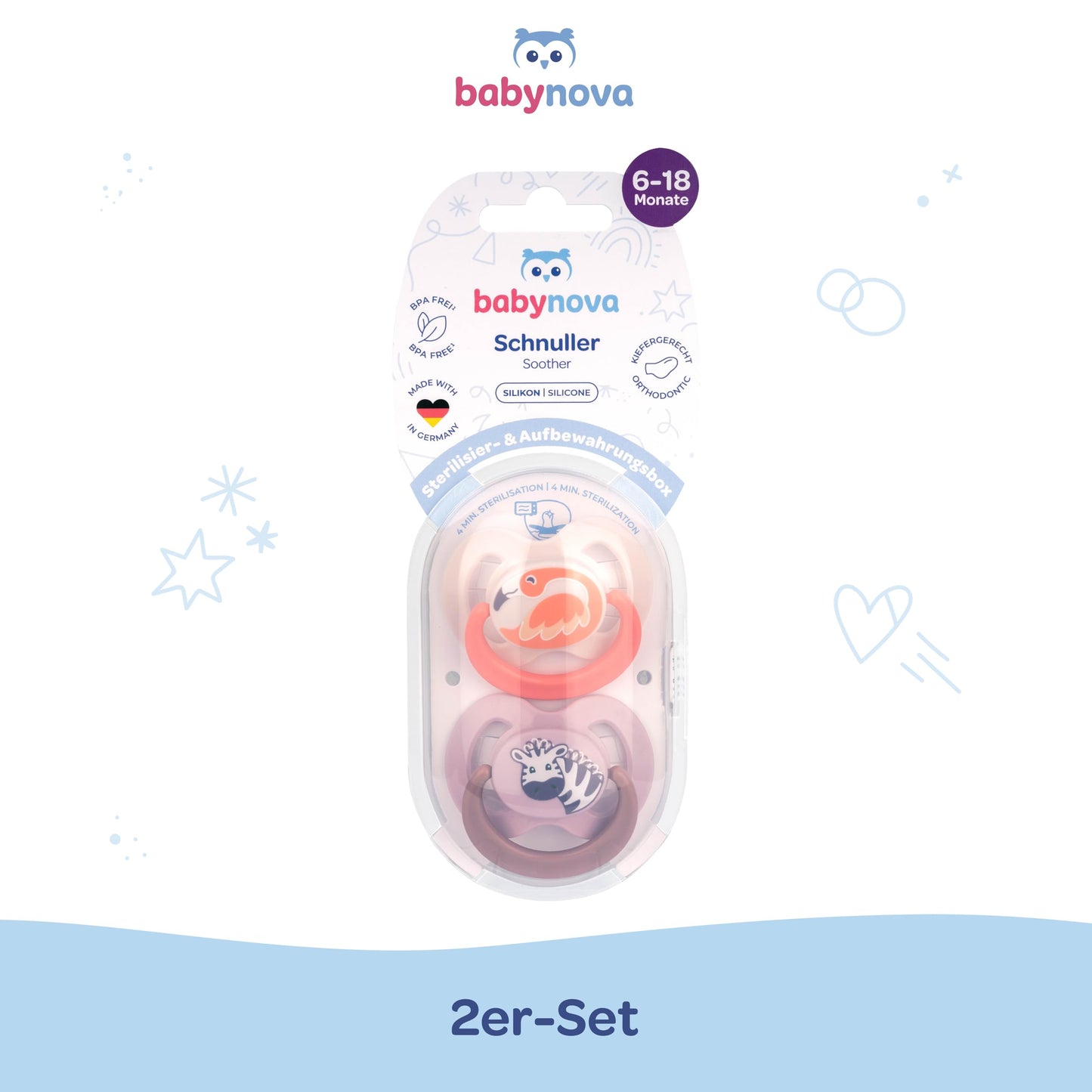 babynova Silikon Schnuller 2er-Set mit Sterilisationsbox - Schnuller Größe 1, 0-6 Monate - kiefergerechter Nuckel – BPA-frei – Made in Germany - Elefanten
