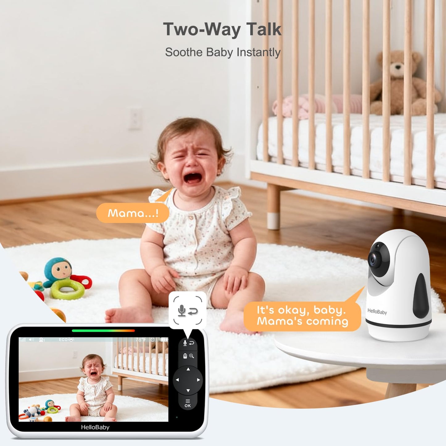 HelloBaby 6-Zoll Video-Babyphone, Großes Display mit Kamera und Audio, 4000-mAh-Batterie und ECO-Modus, Nachtsicht, Kein WiFi, Zwei-Wege-Kommunikation und 8 Schlaflieder, Fernbedienbare PTZ-Kamera