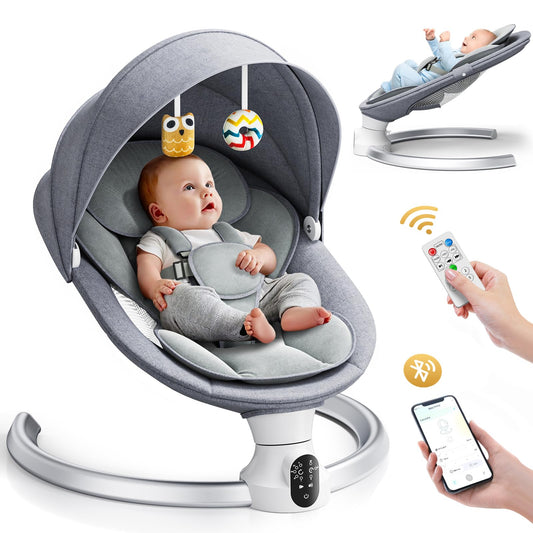 Hlieeosfcn Babywippe für Kinder,Babywippe Elektrisch mit 5 Natürlichen Schaukelgeschwindigkeiten,Elektrische Babyschaukel mit Musik, Nutzbar ab der Geburt bis ca. 6 Monaten,Fernbedienung,Grau