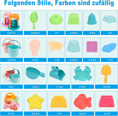 GOLDGE Sand Toy Set, 29 Pieces, Colourful Beach Toy, Sand Toy Set with Car Bucket, Castle Shapes, Mesh Bag, Water Toy for Boys and Girls