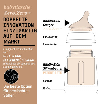 Suavinex, Anti-Colic Babyflasche Zero Zero,mit mittlerem Silikonsauger (M), für Babys ab 3 Monaten, Empfohlen für gestillte Babys und Flaschennahrung, 270 ml, Deep