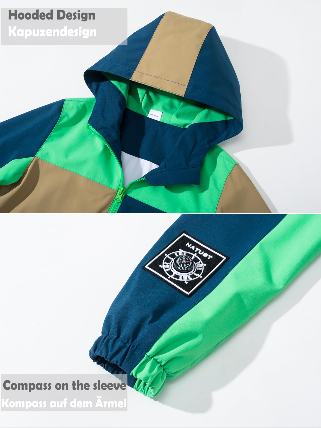 NATUST Kids Boys Waterproof Jacket Lightweight Transition Jacket Windproof Rain Jacket with Hood 