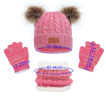 LINSOCLE 3-in-1 Children's Winter Hat Scarf Gloves Set, Knitted Hat Baby Hat Children's Hat Set, Boys Warm Winter Hat Beanie Hat Gloves Round Scarf Set for Children 2-6 Years 