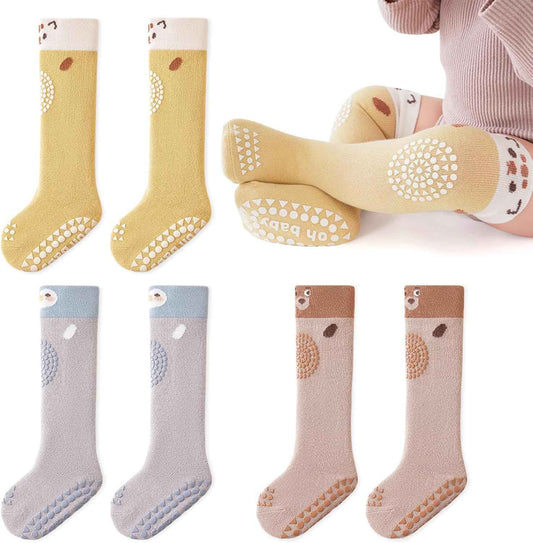 Non-Slip Socks for Children, Pack of 3 Baby Knee Socks, Children's Socks Made of Cotton, Girls, Knee-Length Crawling Socks, Animal Themed Non-Slip Sports Socks for Boys and Girls, 1-3 Years