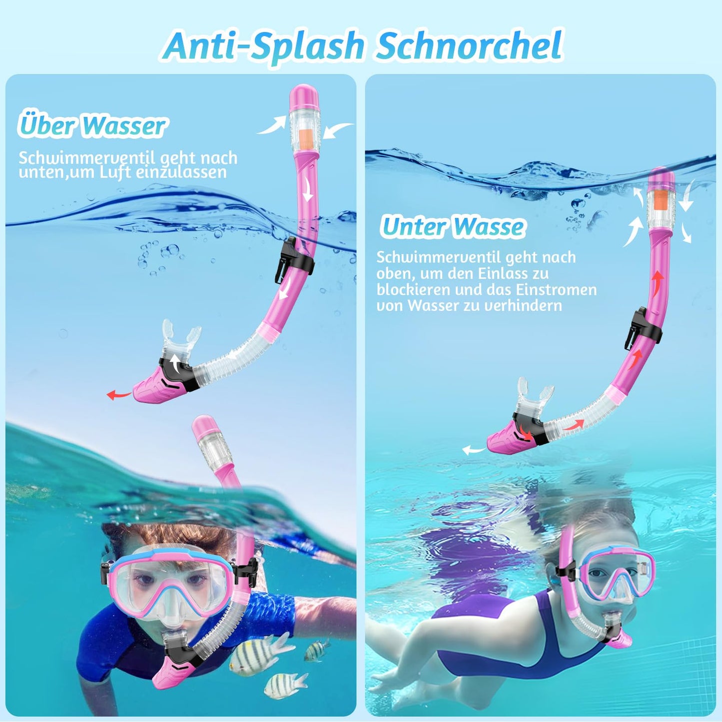 Lealinga Children's Snorkel Set with 180° Anti-Fog Panoramic Wide View Diving Mask and Dry Snorkel Snorkelling Set, Anti-Leak Snorkel Mask with Nose Protection for Boys and Girls