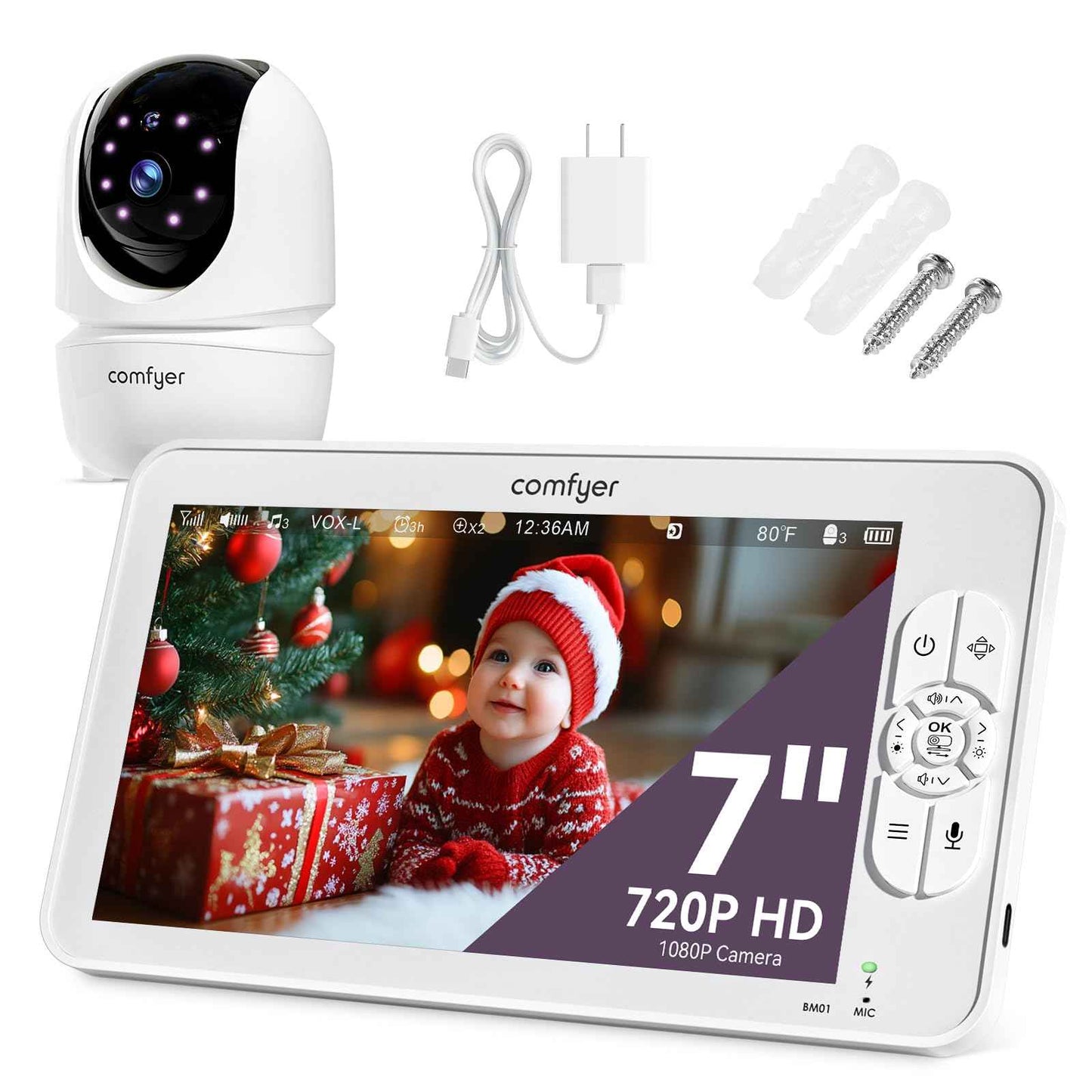 Comfyer BM01 Split-Screen Babyphone mit 2 Kameras, 7" HD 720P ohne WLAN mit Halterung, IR-Nachtsicht VOX-Modus mit Sound-Alarm 2-Wege-Audio 6000mAh 300M Reichweite Videoüberwachungsgerät