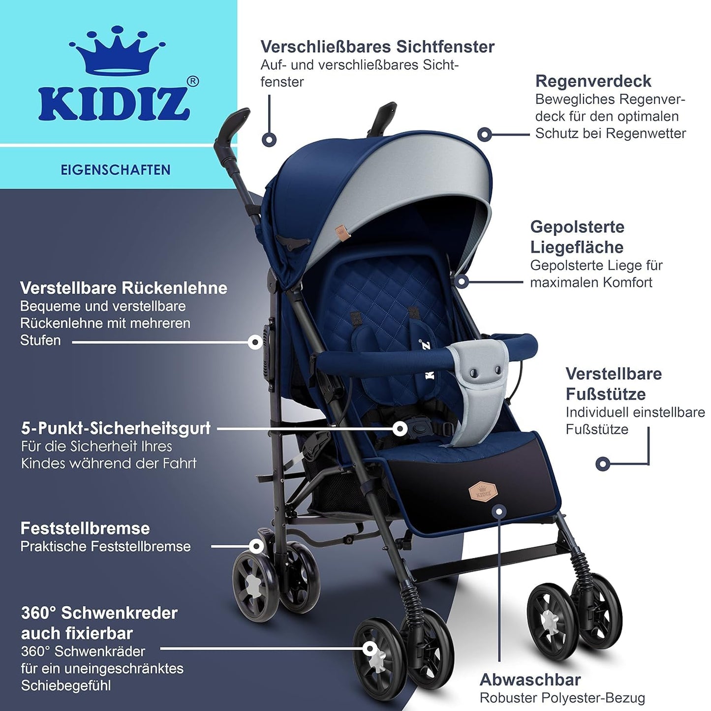 KIDIZ® City-Pro Pushchair Folding Pushchair Pushchair Sports Pushchair Foldable 360° 6 Inch Wheels Includes Mosquito Net, Footmuff and Rain Cover Foldable Sleep Function Blue 