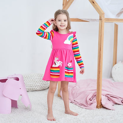 SFreeBo Girls Dresses Unicorn Rainbow Dress Kids Girls Gift Cotton Colourful Dresses for Girls 104 110 116 122 128