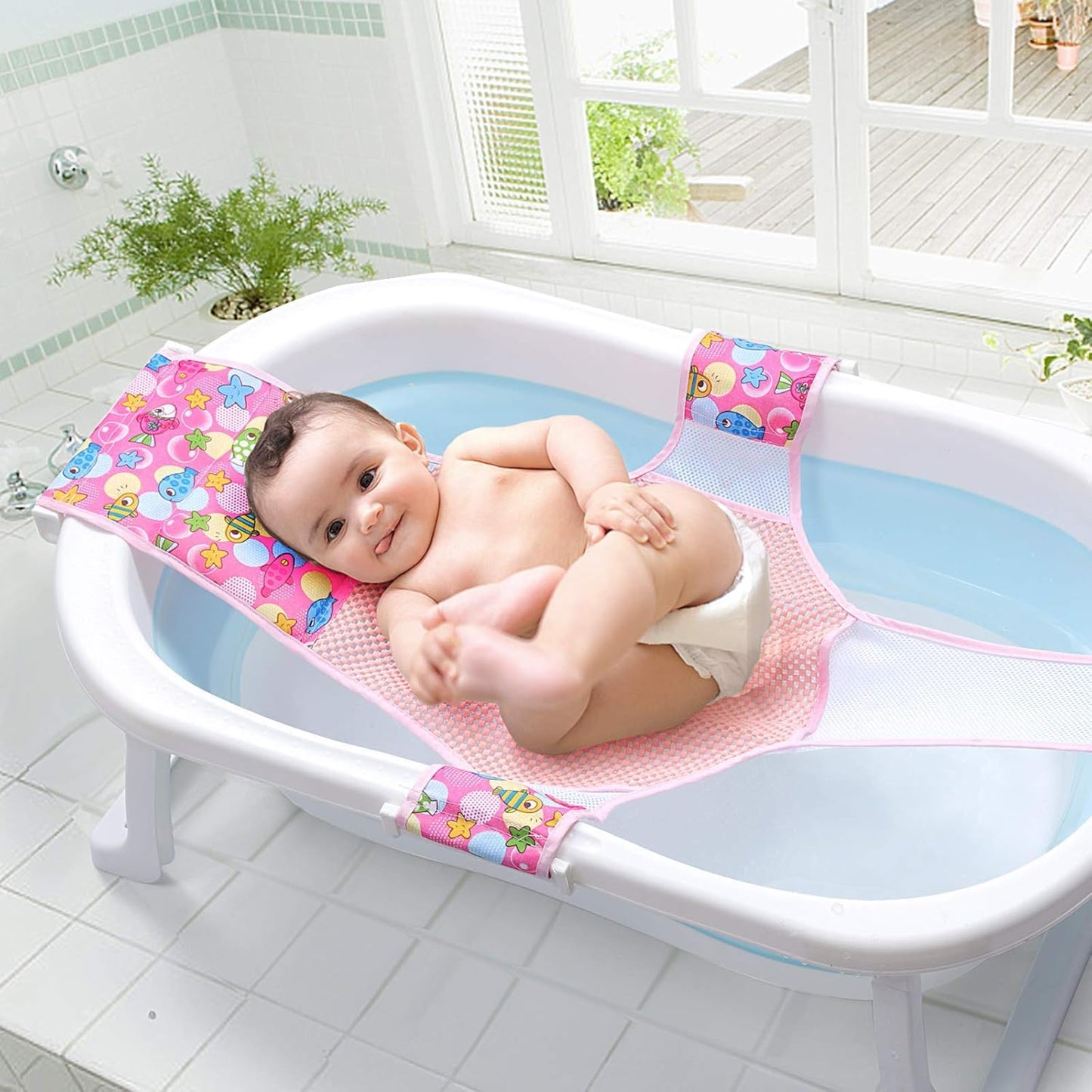 Badewannensitz Baby, Neugeborene Dusche Mesh auf kleinkind Babybadewanne, Sicherheitsbadesitz Antirutsch Kreuzförmig Badewanne Unterstützung Badezubehör für Neugeborenen Kleinkind (Rosa)