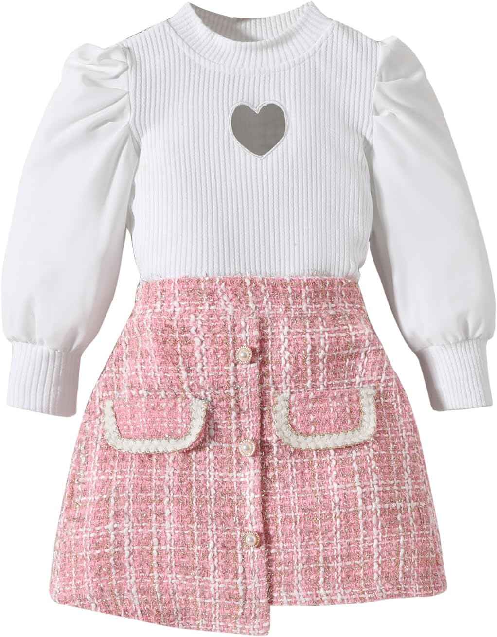 UUAISSO Kleinkind Baby Mädchen Kleidung Langarm Gerippte Oberteile Plaid Tweed Muster Rock Baskenmütze Herbst Knopf Outfits Sets