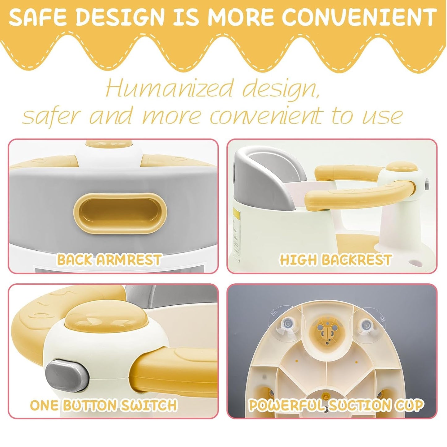 Baby Bath Seat for Babies from 6 Months, Non-Slip Baby Bath Chair, Portable Bath Seat with Suction Cups, Baby Bathtub Toddler Bath Support for Shower (Yellow)