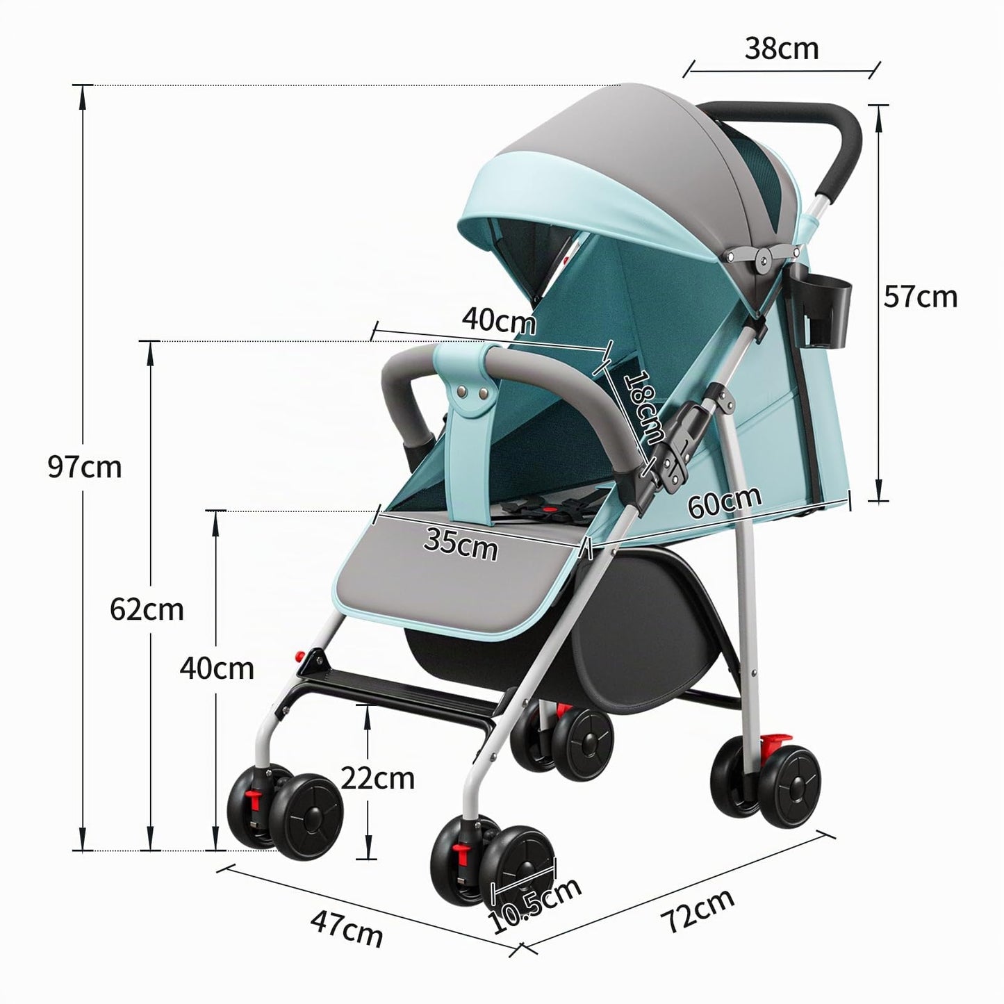 Buggy für Babys, ultraleicht, kompakt, faltbar und neigbar, von Geburt bis 25 kg, mit Trolley-System, Regenschutz inklusive, ausziehbarer Haube, C-schwarz