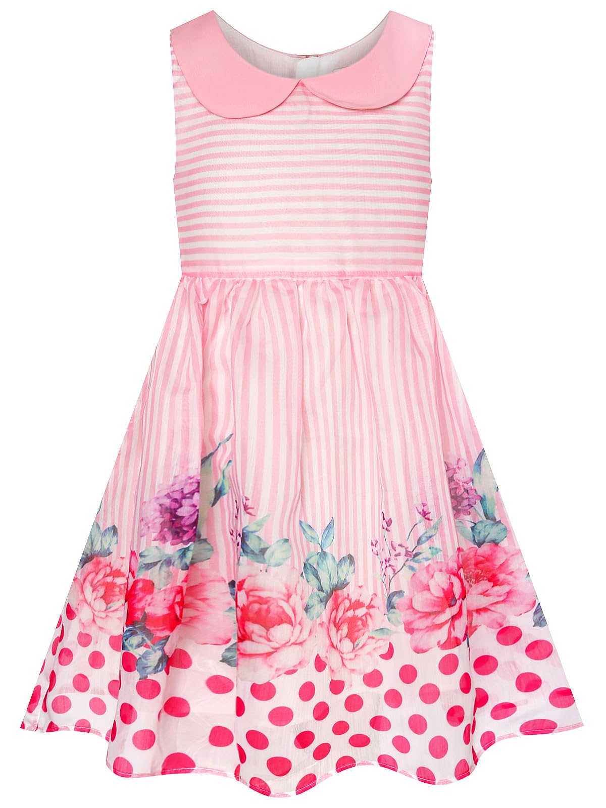BONNY BILLY Mädchen Kleider Ärmellos Sommer Freizeit Gestreift Blumen A-Linie Kinder Kleid mit Kragen