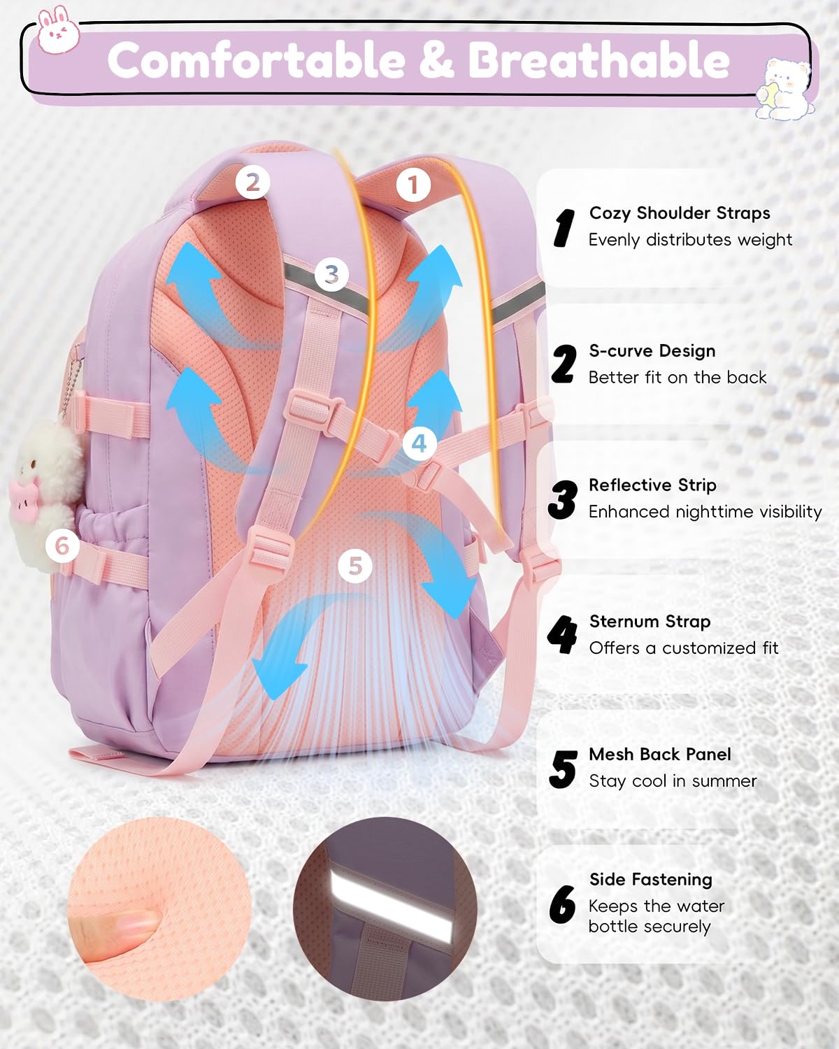 Tanou Schultasche Mädchen, Wasserabweisender Nylon Kinder Schulranzen, 20L | Leichter Schulrucksack für Mädchen der 2. bis 5. Klasse, Rucksack Schule mit Anhänger, Blau