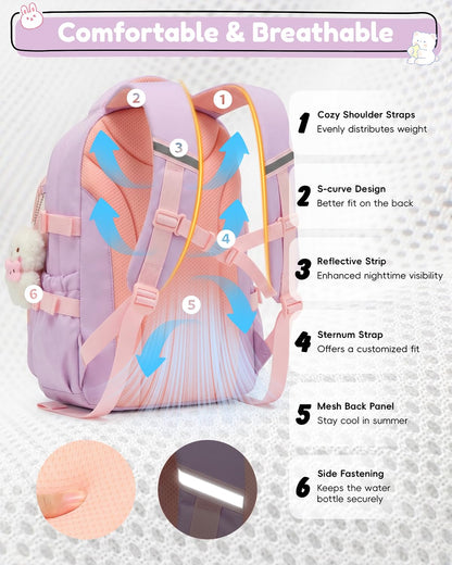 Tanou Schultasche Mädchen, Wasserabweisender Nylon Kinder Schulranzen, 20L | Leichter Schulrucksack für Mädchen der 2. bis 5. Klasse, Rucksack Schule mit Anhänger, Blau