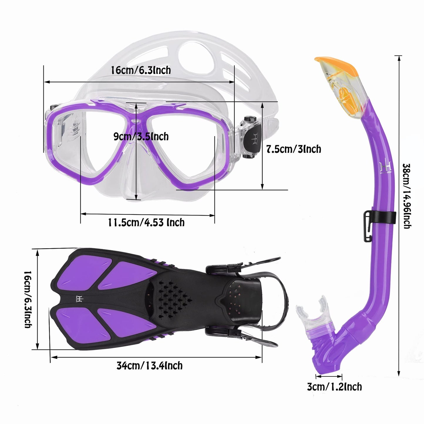 HH HHAO SPORT Children's snorkel set with fins, 180° panorama wide view diving goggles children, adjustable flippers, high-quality diving mask and dry top snorkel