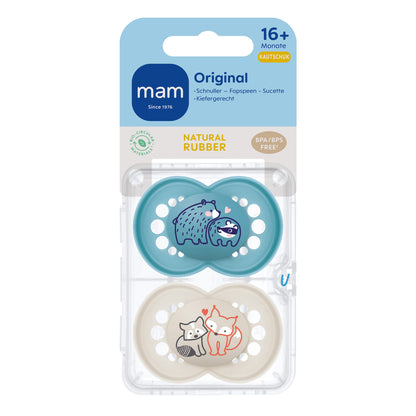 MAM Original Latexschnuller im 2er-Set, Schnuller aus nachhaltigen, bio-erneuerbaren Materialien, Baby Schnuller mit symmetrischem & kiefergerechtem Sauger, 0-6 Monate, Hase/Reh - Meloni2