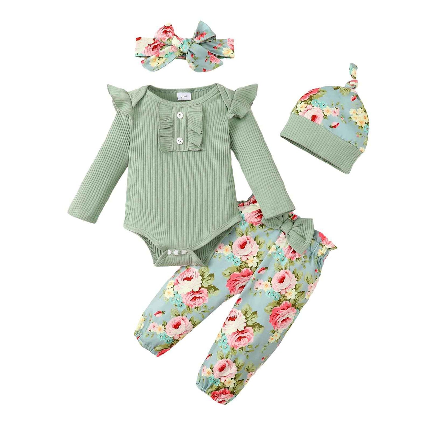 LUVCES Newborn Baby Girl Clothing Toddler Ribbed Ruffle Long Sleeve Romper + Floral Pants + Headband Cute Fall Outfit Set